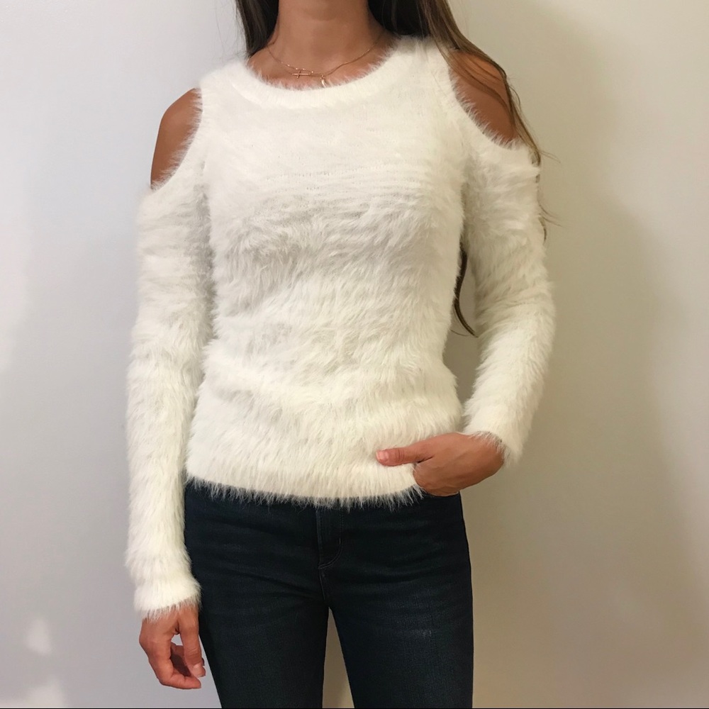 Hollister Fuzzy White Sweater Shoulder Cut Out NWT